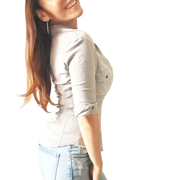 JAMES PERSE Gray 3/4 Sleeve Contrast Panel Shirt - Picture 2 of 12